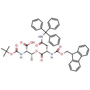 Chemical structure of (2S,3R)-2-{[(tert-butoxy)carbonyl]amino}-3-{[(2S)-2-({[(9H-fluoren-9-yl)methoxy]carbonyl}amino)-3-[(triphenylmethyl)carbamoyl]propanoyl]oxy}butanoic acid , CAS 944283-34-5, AChemBlock AD267590