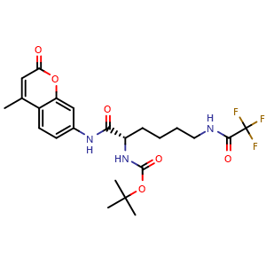 Chemical structure of tert-Butyl (S)-(1-((4-methyl-2-oxo-2H-chromen-7-yl)amino)-1-oxo-6-(2,2,2-trifluoroacetamido)hexan-2-yl)carbamate , CAS 97885-44-4, AChemBlock AD267607