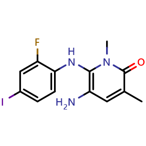 Chemical structure of 5-Amino-6-((2-fluoro-4-iodophenyl)amino)-1,3-dimethylpyridin-2(1H)-one , CAS 1258884-12-6, AChemBlock AD267617