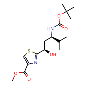 Chemical structure of Methyl 2-((1R,3R)-3-((tert-butoxycarbonyl)amino)-1-hydroxy-4-methylpentyl)thiazole-4-carboxylate , CAS 944559-48-2, AChemBlock AD267652
