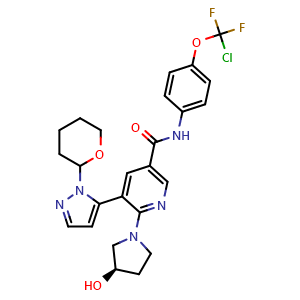 Chemical structure of N-(4-(chlorodifluoromethoxy)phenyl)-6-((R)-3-hydroxypyrrolidin-1-yl)-5-(1-(tetrahydro-2H-pyran-2-yl)-1H-pyrazol-5-yl)nicotinamide , CAS 1492954-67-2, AChemBlock AD267780