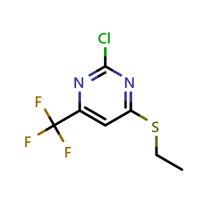 Chemical structure of 2-Chloro-4-(ethylthio)-6-(trifluoromethyl)pyrimidine , CAS 1603116-19-3, AChemBlock AD267795