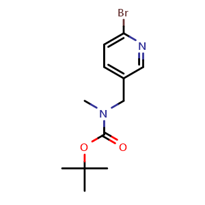Chemical structure of tert-butyl ((6-bromopyridin-3-yl)methyl)(methyl)carbamate , CAS 1823454-33-6, AChemBlock AD267842