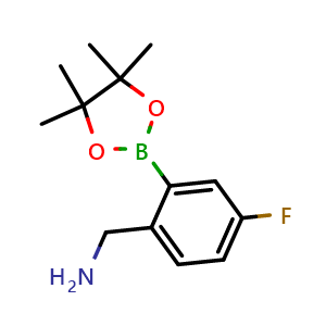 Chemical structure of (4-Fluoro-2-(4,4,5,5-tetramethyl-1,3,2-dioxaborolan-2-yl)phenyl)methanamine , CAS 2096337-86-7, AChemBlock AD267875