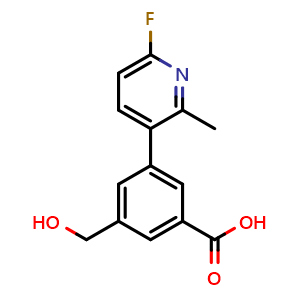 Chemical structure of 3-(6-Fluoro-2-methylpyridin-3-yl)-5-(hydroxymethyl)benzoic acid , CAS 2411828-01-6, AChemBlock AD267908