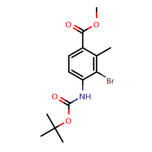 Chemical structure of Methyl 3-bromo-4-((tert-butoxycarbonyl)amino)-2-methylbenzoate , CAS 2680810-59-5, AChemBlock AD267918