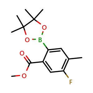 Chemical structure of Methyl 5-fluoro-4-methyl-2-(4,4,5,5-tetramethyl-1,3,2-dioxaborolan-2-yl)benzoate , CAS 2768018-58-0, AChemBlock AD267923