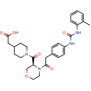 Chemical structure of (S)-2-(1-(4-(2-(4-(3-(o-tolyl)ureido)phenyl)acetyl)morpholine-3-carbonyl)piperidin-4-yl)acetic acid , CAS 317353-73-4, AChemBlock AD267943