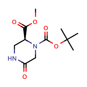 Chemical structure of (S)-1-tert-Butyl 2-methyl 5-oxopiperazine-1,2-dicarboxylate , CAS 1033713-07-3, AChemBlock AD268094