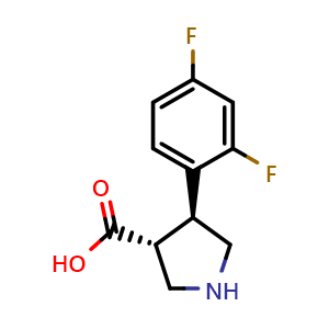 Chemical structure of (3R,4S)-4-(2,4-Difluorophenyl)pyrrolidine-3-carboxylic acid , CAS 1260605-87-5, AChemBlock AD268105