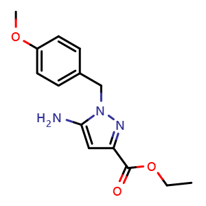 Chemical structure of Ethyl 1-(4-methoxybenzyl)-5-amino-1H-pyrazole-3-carboxylate , CAS 1379689-77-6, AChemBlock AD268111