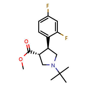 Chemical structure of trans-methyl 1-tert-butyl-4-(2,4-difluorophenyl)pyrrolidine-3-carboxylate , CAS 455957-74-1, AChemBlock AD268146