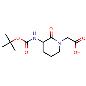 Chemical structure of 2-(3-{(tert-Butoxy)carbonylamino}-2-oxopiperidin-1-yl)acetic acid , CAS 733049-29-1, AChemBlock AD268150