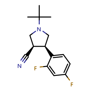 Chemical structure of (3R,4R)-1-(tert-Butyl)-4-(2,4-difluorophenyl)pyrrolidine-3-carbonitrile , CAS 794500-77-9, AChemBlock AD268152