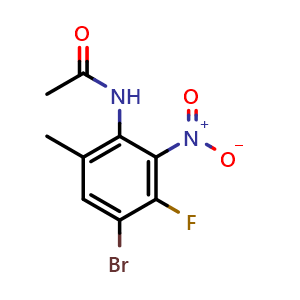 Chemical structure of N-(4-Bromo-3-fluoro-6-methyl-2-nitrophenyl)acetamide , CAS 1820604-24-7, AChemBlock AD268257