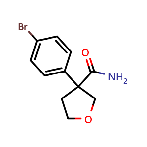 Chemical structure of 3-(4-Bromophenyl)tetrahydrofuran-3-carboxamide , CAS 2132970-17-1, AChemBlock AD268275