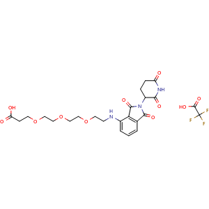 Chemical structure of 3-(2-(2-(2-((2-(2,6-Dioxopiperidin-3-yl)-1,3-dioxoisoindolin-4-yl)amino)ethoxy)ethoxy)ethoxy)propanoic acid trifluoroacetate salt , CAS 2140807-09-4, AChemBlock AD268276