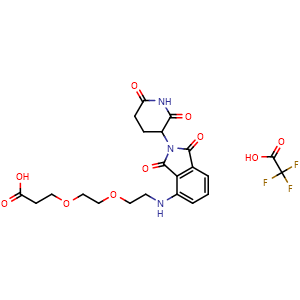 Chemical structure of 3-(2-(2-((2-(2,6-dioxopiperidin-3-yl)-1,3-dioxoisoindolin-4-yl)amino)ethoxy)ethoxy)propanoic acid trifluoroacetate , CAS 2140807-18-5, AChemBlock AD268277