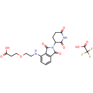 Chemical structure of 3-[2-[[2-(2,6-dioxopiperidin-3-yl)-1,3-dioxoisoindol-4-yl]amino]ethoxy]propanoic acid;2,2,2-trifluoroacetic acid , CAS 2140807-20-9, AChemBlock AD268278