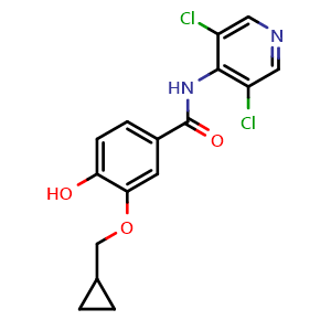 Chemical structure of 3-(Cyclopropylmethoxy)-N-(3,5-dichloropyridin-4-yl)-4-hydroxybenzamide , CAS 475271-62-6, AChemBlock AD268336