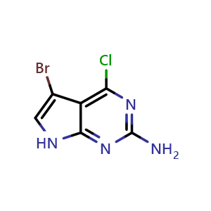 Chemical structure of 5-Bromo-4-chloro-7H-pyrrolo[2,3-d]pyrimidin-2-amine , CAS 873792-87-1, AChemBlock AD268390