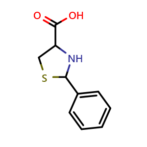 Chemical structure of 2-Phenyl-1,3-thiazolidine-4-carboxylic acid , CAS 42607-21-6, AChemBlock AD268479