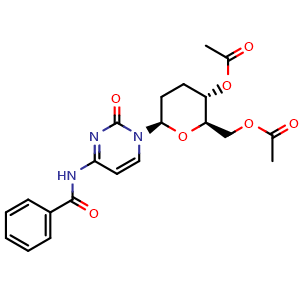Chemical structure of ((2R,3S,6R)-3-acetoxy-6-(4-benzamido-2-oxopyrimidin-1(2H)-yl)tetrahydro-2H-pyran-2-yl)methyl acetate , CAS 145593-78-8, AChemBlock AD268515