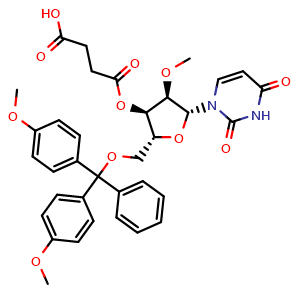 Chemical structure of 4-(((2R,3R,4R,5R)-2-((bis(4-methoxyphenyl)(phenyl)methoxy)methyl)-5-(2,4-dioxo-3,4-dihydropyrimidin-1(2H)-yl)-4-methoxytetrahydrofuran-3-yl)oxy)-4-oxobutanoic acid , CAS 1792211-00-7, AChemBlock AD268517
