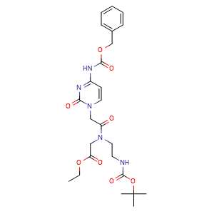 Chemical structure of Ethyl 2-[2-[4-(Cbz-amino)-2-oxopyrimidin-1(2H)-yl]-N-[2-(Boc-amino)ethyl]acetamido]acetate , CAS 938175-07-6, AChemBlock AD268520