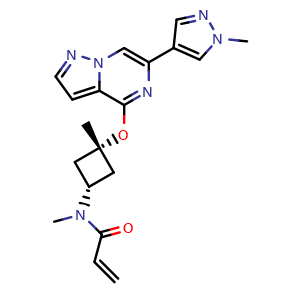 Chemical structure of N-methyl-N-(rel (1s,3s)-3-methyl-3-((6-(1-methyl-1H-pyrazol-4-yl)pyrazolo[1,5-a]pyrazin-4-yl)oxy)cyclobutyl)acrylamide , CAS 2770960-52-4, AChemBlock AD268720