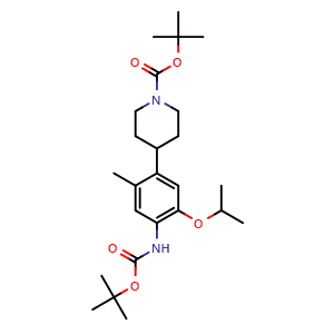 Chemical structure of tert-butyl 4-(4-((tert-butoxycarbonyl)amino)-5-isopropoxy-2-methylphenyl)piperidine-1-carboxylate , CAS 2764684-99-1, AChemBlock AD268833