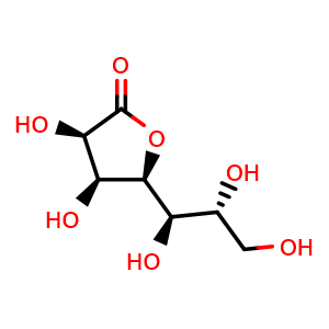 Chemical structure of (3R,4S,5S)-3,4-Dihydroxy-5-((1R,2R)-1,2,3-trihydroxypropyl)dihydrofuran-2(3H)-one , CAS 89-67-8, AChemBlock AD268870