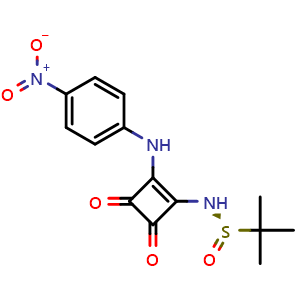 Chemical structure of (R)-2-Methyl-N-(2-((4-nitrophenyl)amino)-3,4-dioxocyclobut-1-en-1-yl)propane-2-sulfinamide , AChemBlock AD268902