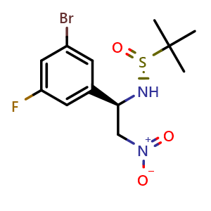 Chemical structure of (R)-N-((R)-1-(3-Bromo-5-fluorophenyl)-2-nitroethyl)-2-methylpropane-2-sulfinamide , AChemBlock AD268905