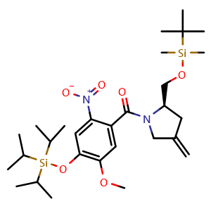 Chemical structure of (R)-(2-(((tert-Butyldimethylsilyl)oxy)methyl)-4-methylenepyrrolidin-1-yl)(5-methoxy-2-nitro-4-((triisopropylsilyl)oxy)phenyl)methanone , AChemBlock AD268926