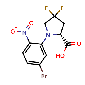 Chemical structure of (R)-1-(5-Bromo-2-nitrophenyl)-4,4-difluoropyrrolidine-2-carboxylic acid , AChemBlock AD268928