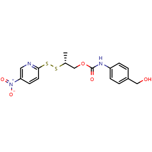 Chemical structure of (R)-2-((5-Nitropyridin-2-yl)disulfanyl)propyl (4-(hydroxymethyl)phenyl)carbamate , AChemBlock AD268935