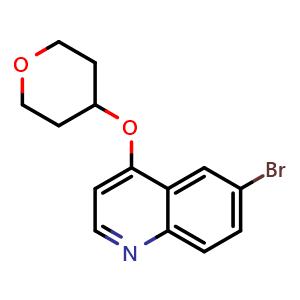 Chemical structure of 6-Bromo-4-[(tetrahydro-2H-pyran-4-yl)oxy]quinoline , CAS 2322925-47-1, AChemBlock AD268975