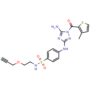 Chemical structure of 4-((5-Amino-1-(3-methylthiophene-2-carbonyl)-1H-1,2,4-triazol-3-yl)amino)-N-(2-(prop-2-yn-1-yloxy)ethyl)benzenesulfonamide , CAS 2756741-93-0, AChemBlock AD269006
