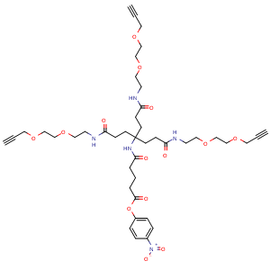 Chemical structure of 4-Nitrophenyl 11,16-dioxo-14,14-bis(3-oxo-3-((2-(2-(prop-2-yn-1-yloxy)ethoxy)ethyl)amino)propyl)-4,7-dioxa-10,15-diazaicos-1-yn-20-oate , CAS 2320479-61-4, AChemBlock AD269007
