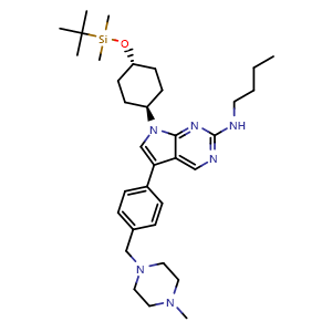 Chemical structure of N-Butyl-7-[trans-4-[[(1,1-dimethylethyl)dimethylsilyl]oxy]cyclohexyl]-5-[4-[(4-methyl-1-piperazinyl)methyl]phenyl]-7H-pyrrolo[2,3-d]pyrimidin-2-amine , CAS 1621619-14-4, AChemBlock AD269038