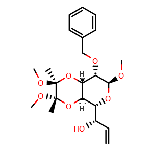 Chemical structure of (S)-1-((2S,3S,4aR,5R,7S,8S,8aS)-8-(Benzyloxy)-2,3,7-trimethoxy-2,3-dimethylhexahydro-2H-pyrano[3,4-b][1,4]dioxin-5-yl)prop-2-en-1-ol , CAS 362518-37-4, AChemBlock AD269055