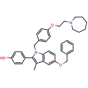 Chemical structure of 4-(1-(4-(2-(Azepan-1-yl)ethoxy)benzyl)-5-(benzyloxy)-3-methyl-1H-indol-2-yl)phenol , CAS 328933-58-0, AChemBlock AD269128