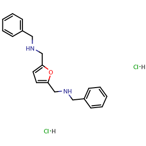 Chemical structure of N,N'-(Furan-2,5-diylbis(methylene))bis(1-phenylmethanamine) dihydrochloride , AChemBlock AD269153