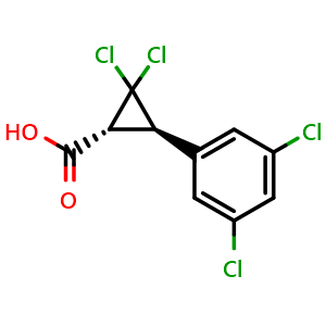 Chemical structure of rel-(1R,3R)-2,2-Dichloro-3-(3,5-dichlorophenyl)cyclopropanecarboxylic acid , CAS 2023781-30-6, AChemBlock AD269157