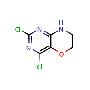 Chemical structure of 2,4-Dichloro-7,8-dihydro-6H-pyrimido[5,4-b][1,4]oxazine , CAS 2756855-58-8, AChemBlock AD269173