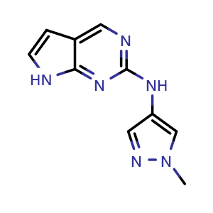 Chemical structure of N-(1-Methyl-1H-pyrazol-4-yl)-7H-pyrrolo[2,3-d]pyrimidin-2-amine , CAS 1403894-28-9, AChemBlock AD269196