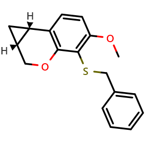 Chemical structure of (1aR,7bS)-4-(Benzylthio)-5-methoxy-1,1a,2,7b-tetrahydrocyclopropa[c]chromene , AChemBlock AD269204