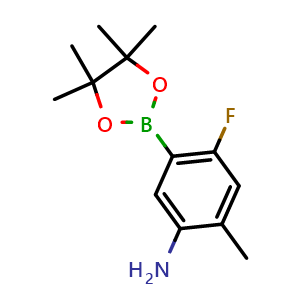 Chemical structure of 4-Fluoro-2-methyl-5-(4,4,5,5-tetramethyl-1,3,2-dioxaborolan-2-yl)aniline , CAS 1817801-55-0, AChemBlock AD269216