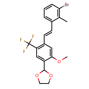 Chemical structure of (E)-2-(4-(3-Bromo-2-methylstyryl)-2-methoxy-5-(trifluoromethyl)phenyl)-1,3-dioxolane , AChemBlock AD269229